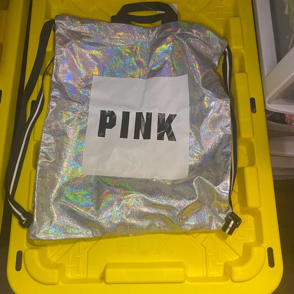 PINK Victoria's Secret Holographic Drawstring Backpack Bag Silver‎
